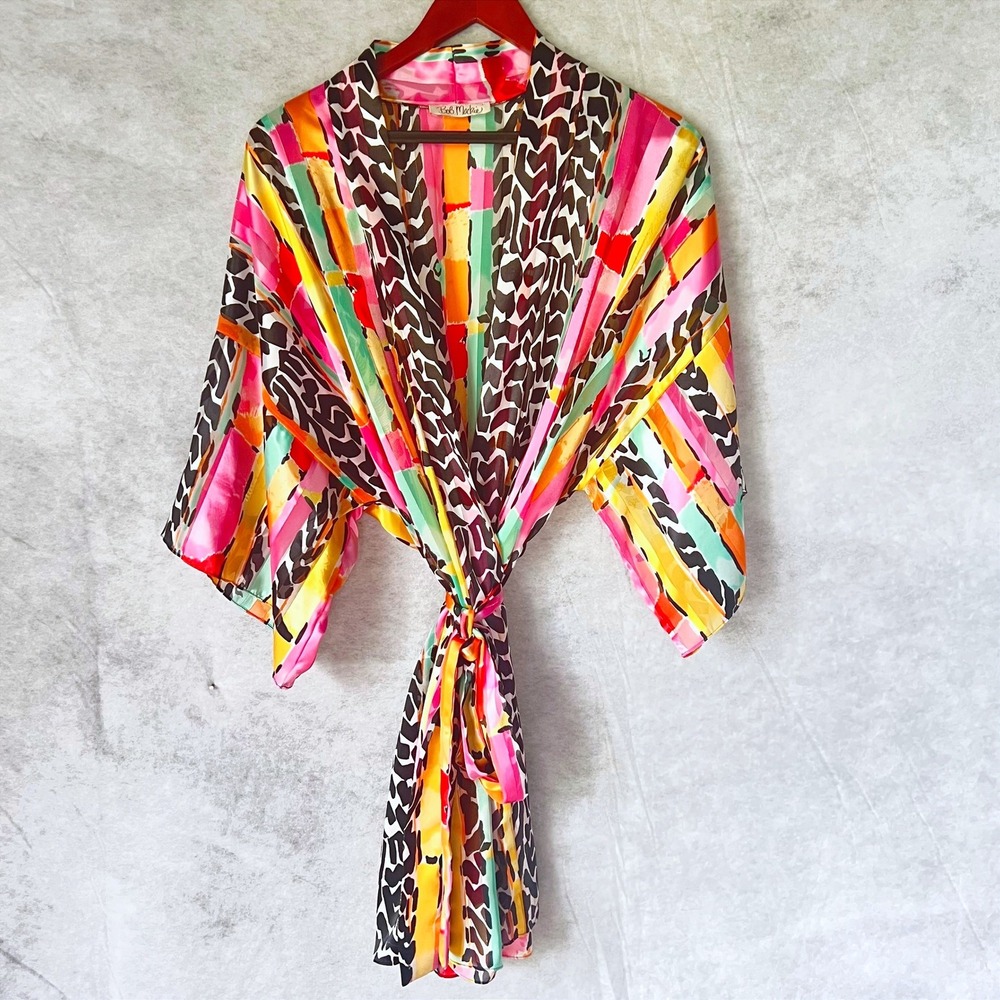 Vintage Bob Mackie Kimono Robe Gold Multicolor Abstract Animal Print Wrap Tie